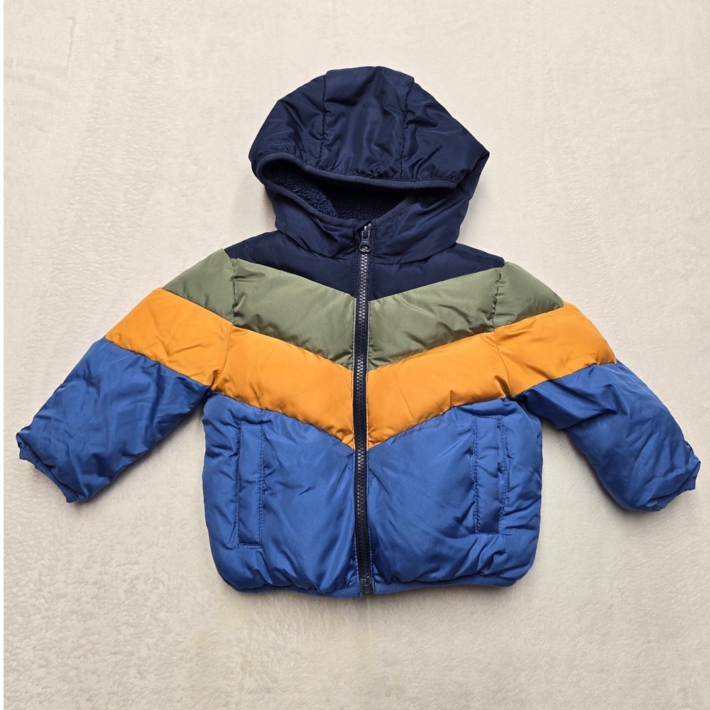 Swiss Tech Colorblock Puffer Jacket Chevron Hooded Fleece Lined Blue Yellow 12M